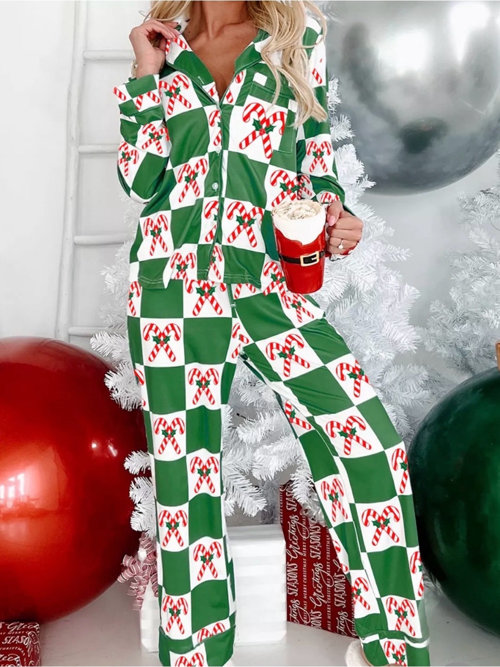 Candy Cane Checkered Pattern 2pcs Pajama Set